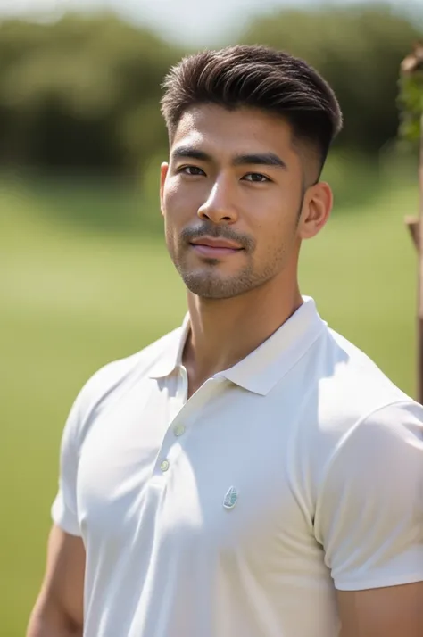 A handsome, muscular, Asian man looks at the camera. In a simple white polo shirt , Fieldside, grass, beach, sunlight