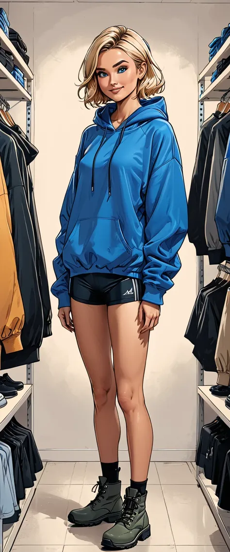 ((white changing room in the store)), smile, cloth store,fullbody, girl in Blue oversized hoodie and black Elastic shorts and black hiking boots in a dynamic pose, adult, [Nordic], Hourglass elongated fitness body, perfect Olive skin, Oval Face, Long neck,...