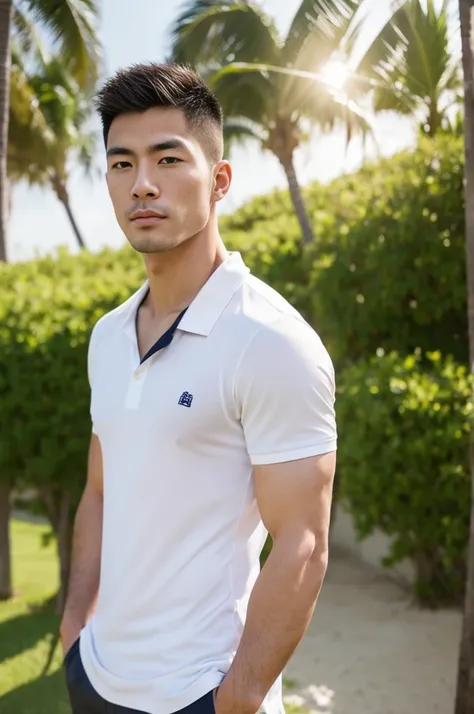 A handsome, muscular, Asian man looks at the camera. In a simple white polo shirt , Fieldside, grass, beach, sunlight