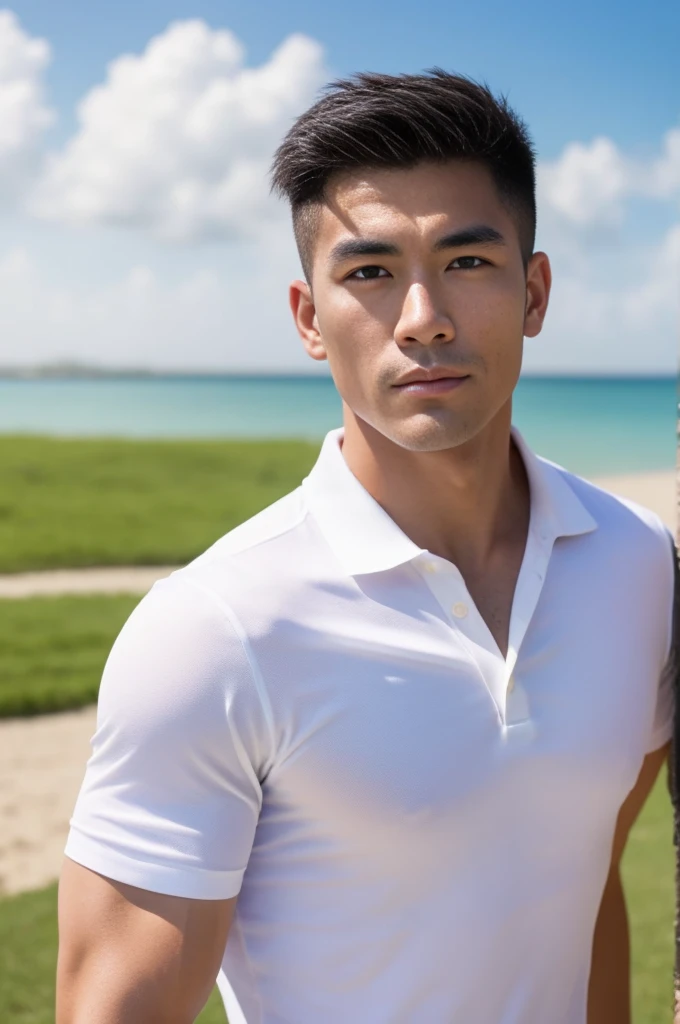 A handsome, muscular, Asian man looks at the camera. In a simple white polo shirt , Fieldside, grass, beach, sunlight