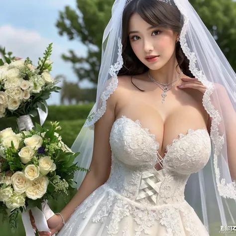 Girl with huge breasts wearing a wedding dress with a huge lace neckline and a wedding veil with a bouquet