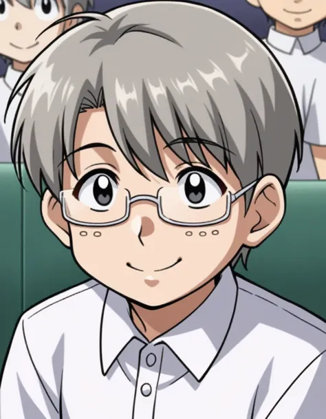 score_9, score_8, One personの男,Adult, Long and narrow face,Wearing square glasses,short hair,Put your hair up,a bit太り気味,Gray Hair, Black eyes, White polo shirt,a bit横向き, View your audience, smile, Upper Body, a bit、50s、One person、Older age、Stubble