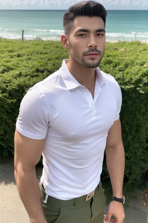 A handsome, muscular, Asian man looks at the camera. In a simple white polo shirt , Fieldside, grass, beach, sunlight