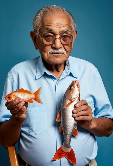 A grandfather is holding a penis-shaped fish 