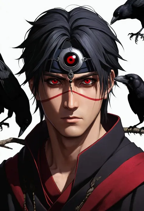 make a male character with sharingan looking to nowhere with some crows around