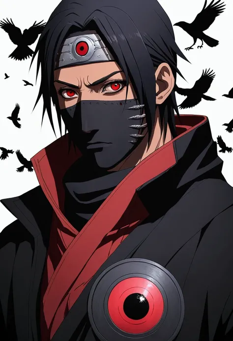 make a male character with sharingan looking to nowhere with some crows around