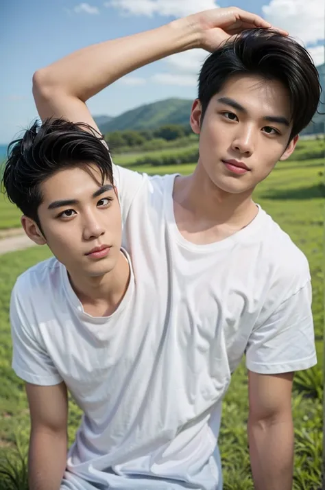 A handsome, muscular young Asian man looks at the camera. In a plain white t-shirt , Fieldside, grass, beach, sunlight