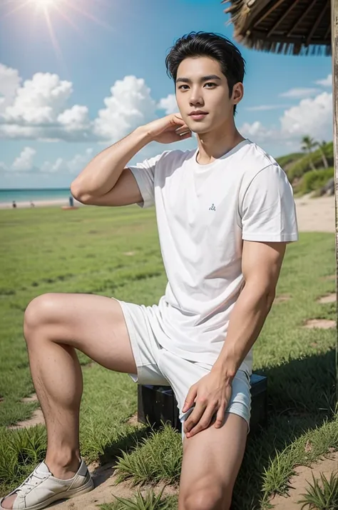 a handsome, muscular young asian man looks at the camera. in a plain white t-shirt , fieldside, grass, beach, sunlight