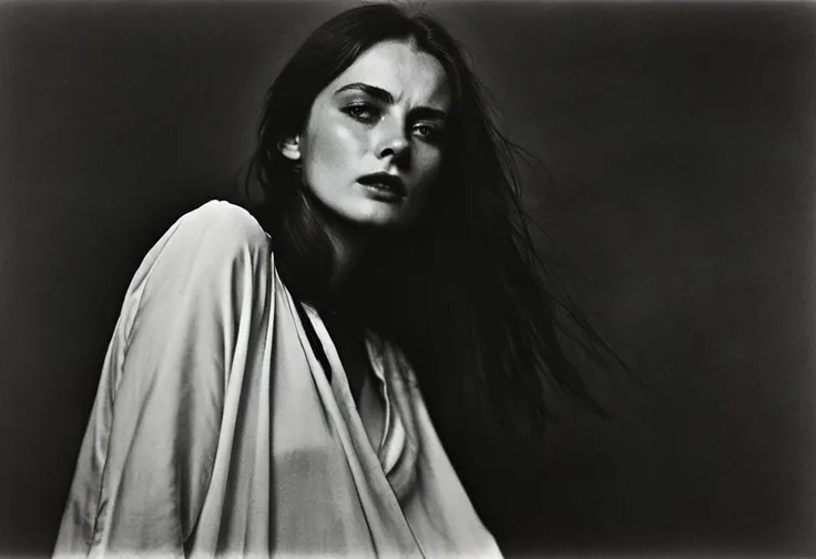 (dark mood masterpiece Photography by Mario Giacomelli:1.2), evil slavic woman, pale skin, long dark blond hair, Stunning b&w 35mm full body photo of a beautiful, perfecteyes, dark circles under eyes, highly detailed skin, (lightest freckles:0.9), standing...