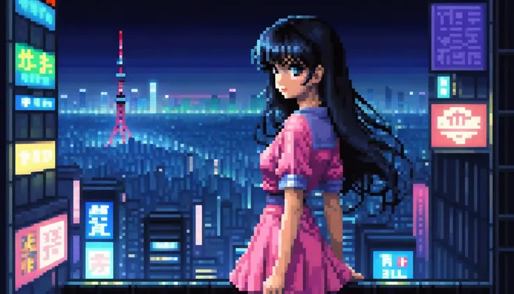 pixel, 16-bit style, pixel art, nintendo game scene, cool colors, green,tokyo at night in the background, skyscraper, skyline, m...