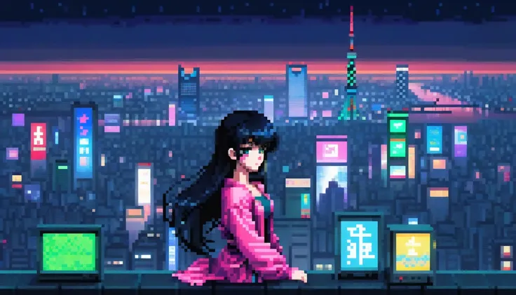 pixel, 16-bit Style, pixel art, Nintendo game scene, Cool colors, green,Tokyo at night in the background, Skyscraper, Skyline, Modern, Colorful lights, Tokyo Night, dark, A girl in the foreground, whole body, Woman with long black hair and bangs, dark eyes...