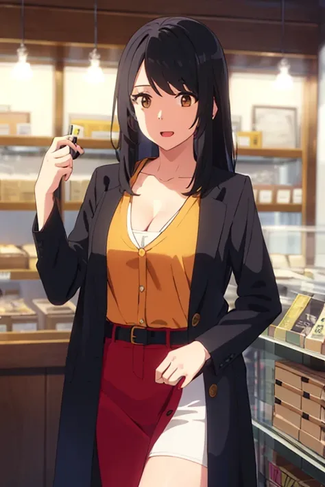 Shinkai Makoto, Kimino Nawa., 1 Girl, bangs, Black Hair, Brown eyes, open mouth :morality, Twist half, Red belt, Long hair, Long-sleeved light yellow cardigan, Open shirt, shirt, cleveage, Chest, (((Cleavage))))medium Chest, Orange shirt, Name tag writing ...