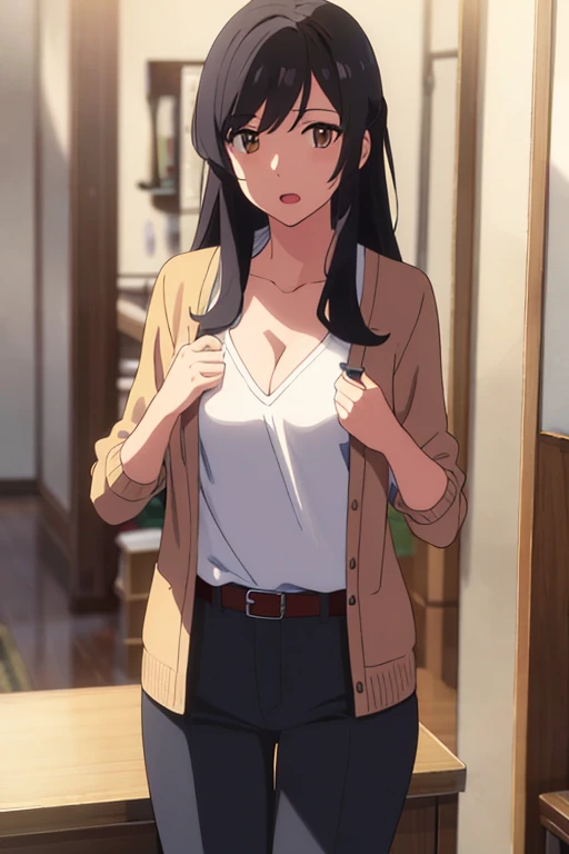 Shinkai Makoto, Kimino Nawa., 1 Girl, bangs, Black Hair, Brown eyes, open mouth :morality, Twist half, Red belt, Long hair, Long-sleeved light yellow cardigan, Open shirt, shirt, cleveage, Chest, (((Cleavage))))medium Chest, Orange shirt, Name tag writing ...