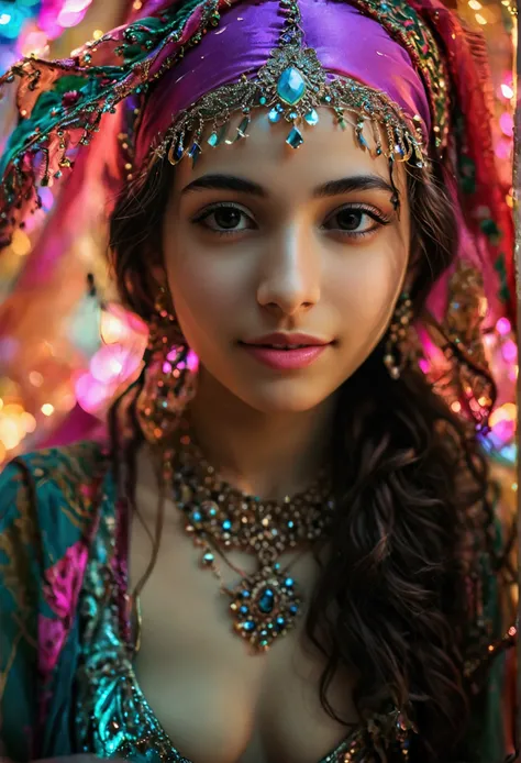 bellydancer, nsfw, ((lebanese)), ((hijabi)), masterpiece, best quality, 8k, 15yo, , raw photo, absurdres, award winning portrait, solo, night, neon, idol face, violaceaess, gardeniass, delicate girl, upper body, DSLR, looking at viewer, candid, sophisticat...