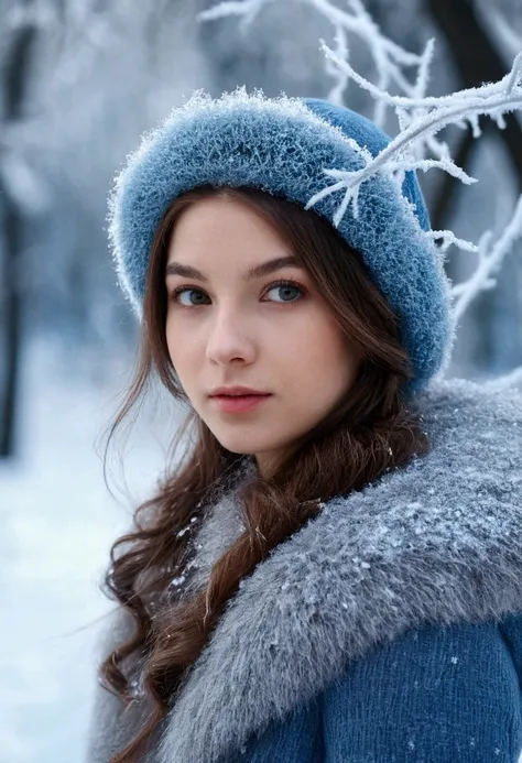 girl 25 years old against the backdrop of a winter fairy tale facing the camera