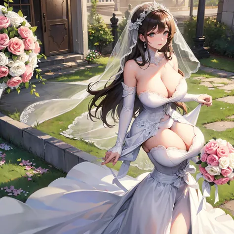 Girl with huge breasts wearing a wedding dress with a huge lace neckline and a wedding veil with a bouquet