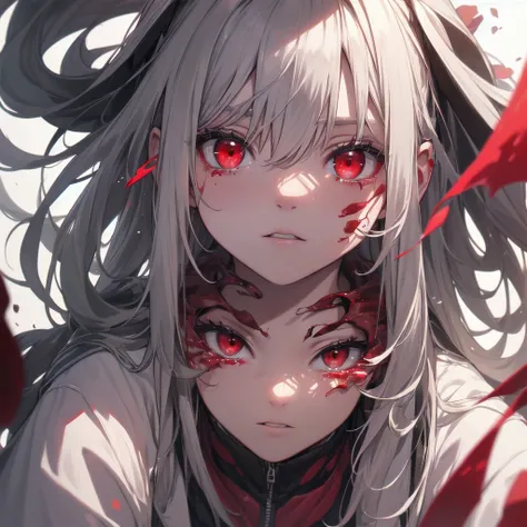 A once-in-a-millennium masterpiece, A photo that can never be taken again, Absurd high resolution, (Expressionless), (Red tears flow from the eyes:1.2), vampire, woman, Silver Hair, Red eyes, Big eyes that draw you in, White clothes, Red dyed clothes,There...