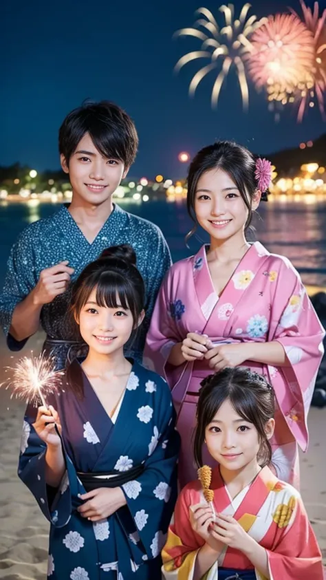 Japanese、Age 25、younger sister、Randomly generated people with diverse facial features and hairstyles々々、Perfect Anatomy,Ocean、Beach、firework、Night Sky、打ち上げfirework、yukata