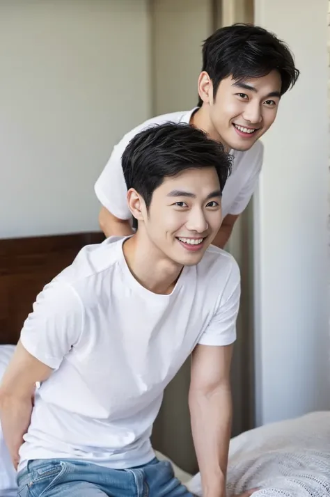 Korean man, Inspiration from Peng Yuyan, 30 years old, 236 years old, Cute Korean Face, 35 yo, 33 year old Korean muscular man，The bedroom is at the back. white t-shirt, open mouth smile