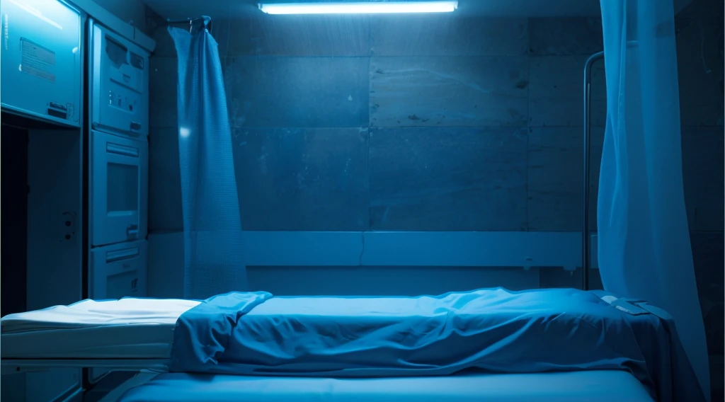 This image depicts a hauntingly sterile scene of a morgue. The room is illuminated by cold, blue lighting that casts an eerie glow over the space. There are gurneys lined up, each covered with a blue sheet that hides the shape of a body beneath. Curtains a...