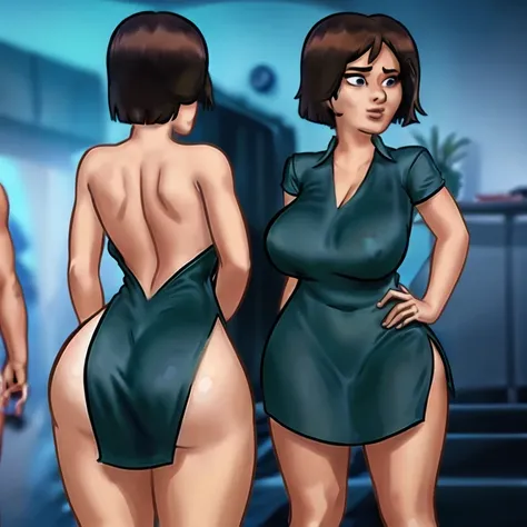 tight dress, 1 girl, standing alone, mature woman, perfect ass, standing, tsundere, short green hair, sky, Huge breasted, black gown, focus on the ass, Rear view, ponto de view from behind, view from behind, some muscle, climb the high stairs, sfm