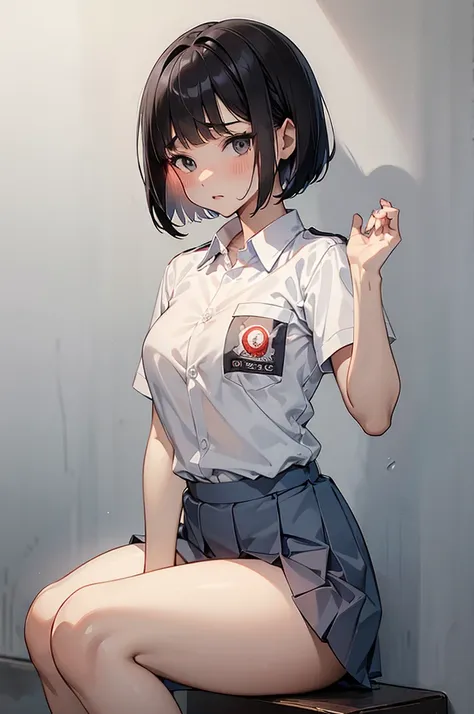 nsfw, 1 woman, 15 years old, ((short wolfcut haircut)), black eyes, indonesian high-school uniform, white shirt, osis logo on sh...