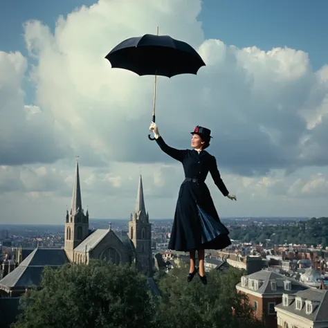 cinematic film still of  in the 1960's a mary poppins woman flying over a city while holding an umbrella with a church in the ba...