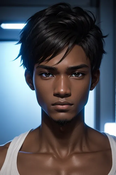 anime image , semi realistic , gamer , 20-year-old dark-skinned boy 