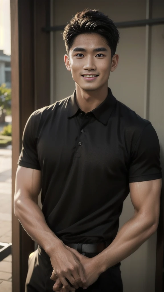 Thai man, short hairstyle, buzz cut, handsome, muscular, big muscles, broad shoulders, model wearing a black polo shirt, standing and smiling.