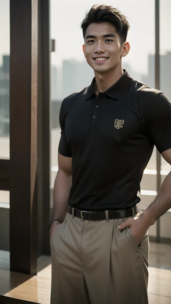 Thai man, short hairstyle, buzz cut, handsome, muscular, big muscles, broad shoulders, model wearing a black polo shirt, standing and smiling.