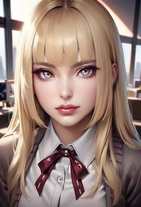 Top quality, (realistic:1.2), one girl, alone, detailed face, face focus, standing, blonde long straight, office lady, ribbon-rimmed sleeves, removable sleeves, ribbon trim, wide sleeves, (View viewers:1.5), bangs, Lips,