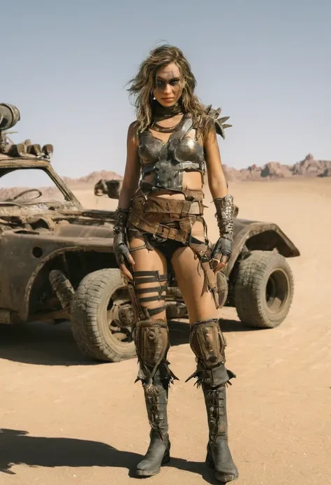 a pretty girl wearing survivor armor on desert with apocalyptic vehicle from the mad max movie