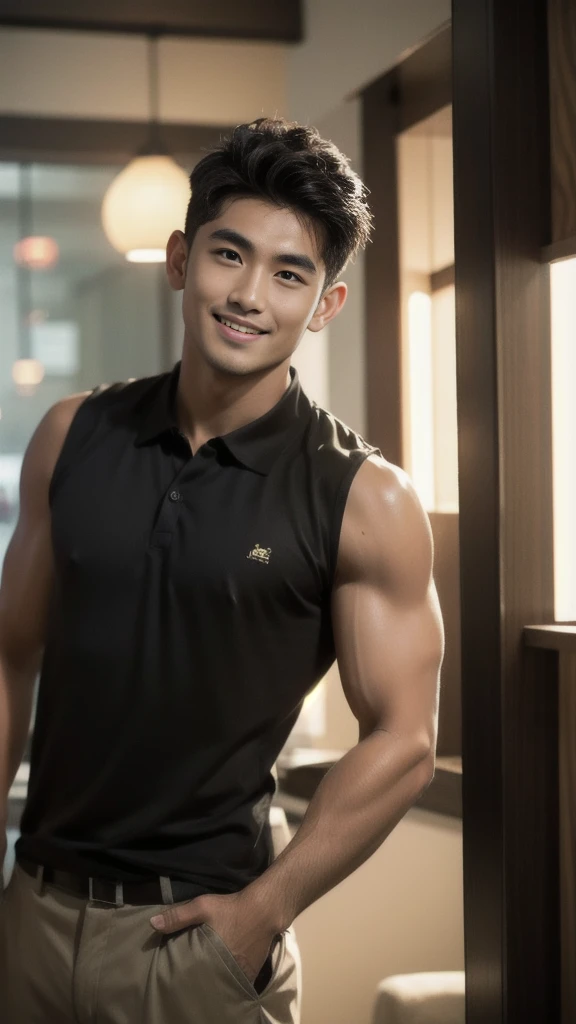 Thai man, short hairstyle, buzz cut, handsome, muscular, big muscles, broad shoulders, model wearing a black polo shirt, standing and smiling.