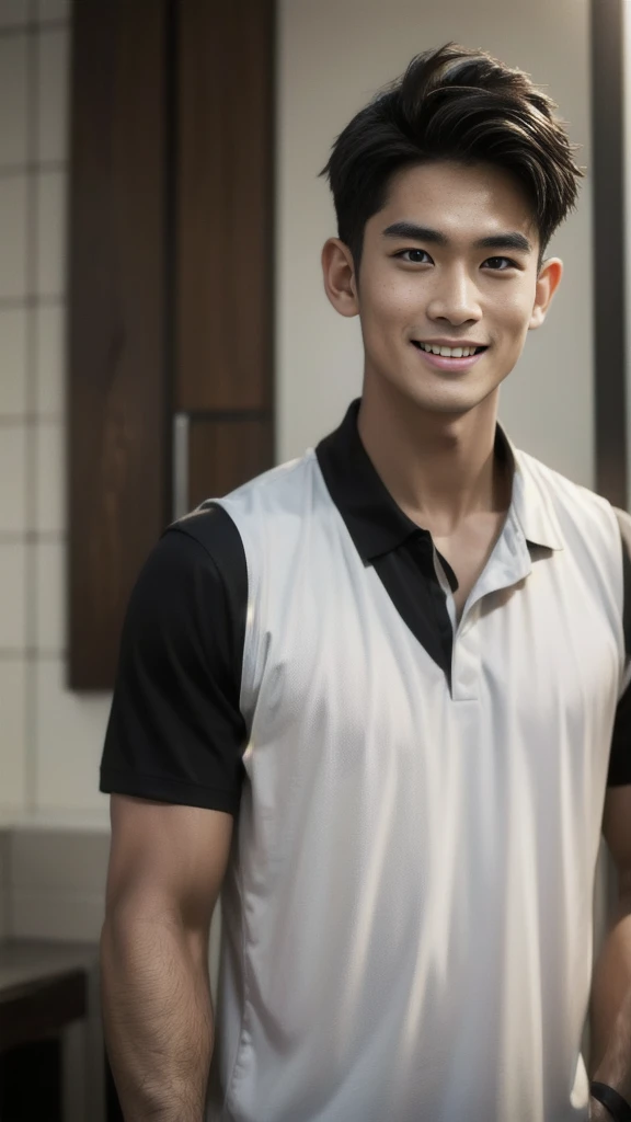 Thai man, short hairstyle, buzz cut, handsome, muscular, big muscles, broad shoulders, model wearing a black polo shirt, standing and smiling.