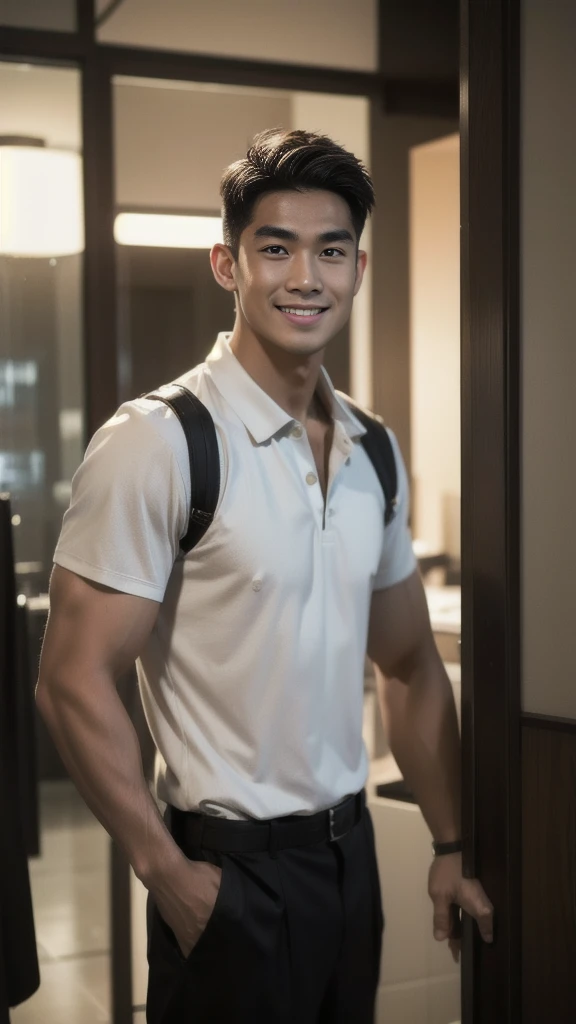 Thai man, short hairstyle, buzz cut, handsome, muscular, big muscles, broad shoulders, model wearing a black polo shirt, standing and smiling.