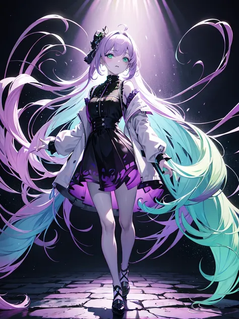 full body, Full bangs, Gradient braided hair, (Light purple hair), (Ink blotches:1.1), (pale:1.2),(Light purple:1.2),(Light green:1.2)　and full body, Artistic elements add depth to the work. The overall atmosphere is creepy and nightmarish..., With a uniqu...