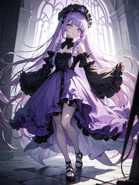 full body, full bangs, gradient braided hair, (light purple hair), (ink blotches:1.1), (pale:1.2),(light purple:1.2),(light gree...