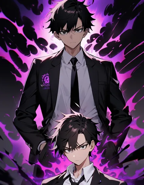 "1boy, 20 year old Boy with black hair , white iris ,complete black eyes,dark purple energy coming right eye. Short black school unbuttoned blazer with school logo,white shirt,black tie with logo,black pants,and sneakers,dark aura , serious expression,hand...