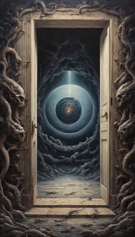 Optical Illusion, a 3d painting with painting frame around a door, hand draw, 3D painting, reality, fantasy art, enhance, intricate, (best quality, masterpiece, Representative work, official art, Professional, 8k) The damned are geniuses, cruel geniuses, a...