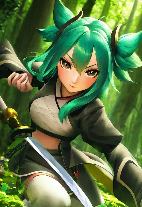 anime girl with green hair holding a knife in a forest, 2. 5 d cgi anime fantasy artwork, detailed digital anime art, demon slayer rui fanart, badass anime, epic fantasy art style, anime in fantasy style, detailed anime character art, trending on artstatio...