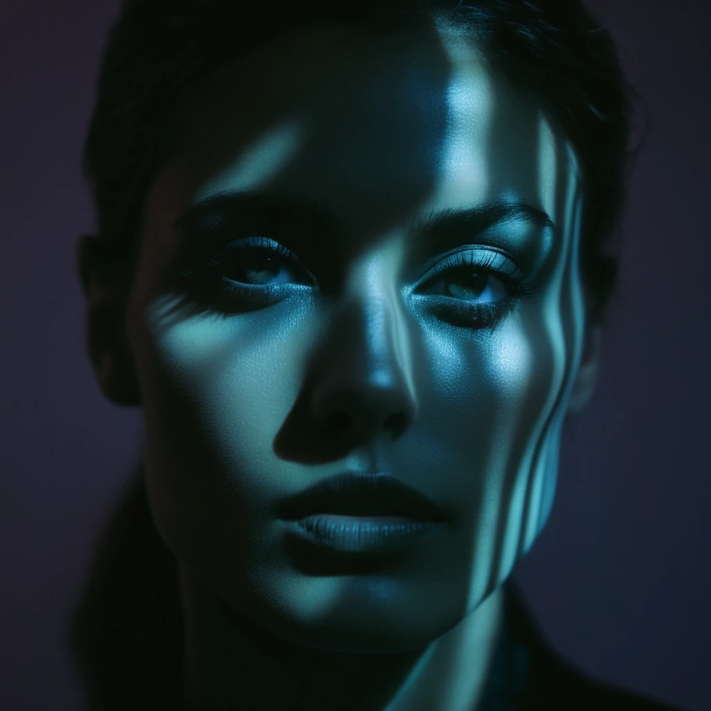 cinematic film still of  A cucoloris patterned illumination casting a horizontal rectangle strip shadow on a woman with a horizontal shadow on her face, casting shadow style, photoshoot by Steven Klein, shallow depth of field, vignette, highly detailed, hi...