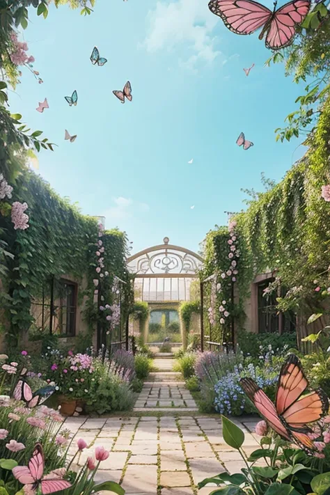 Secret garden illustration with pink and aqua green background with butterflies and birds