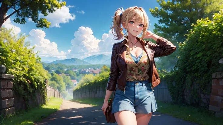 1girl, solo, full body, summer, village, trees, sun, clouds, ((colorful hair)), side ponytail, large breasts, ((brown leather jacket)), brown leather shorts, button down shirt, ((blue floral pattern shirt)), ((unbuttoned shirt)), unbuttoning buttons, cleav...