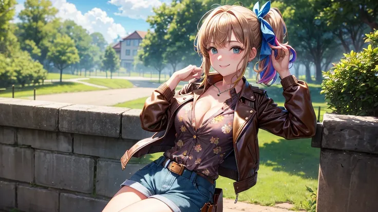 1girl, solo, full body, summer, village, trees, sun, clouds, ((colorful hair)), side ponytail, large breasts, ((brown leather jacket)), brown leather shorts, button down shirt, ((blue floral pattern shirt)), ((unbuttoned shirt)), unbuttoning buttons, cleav...