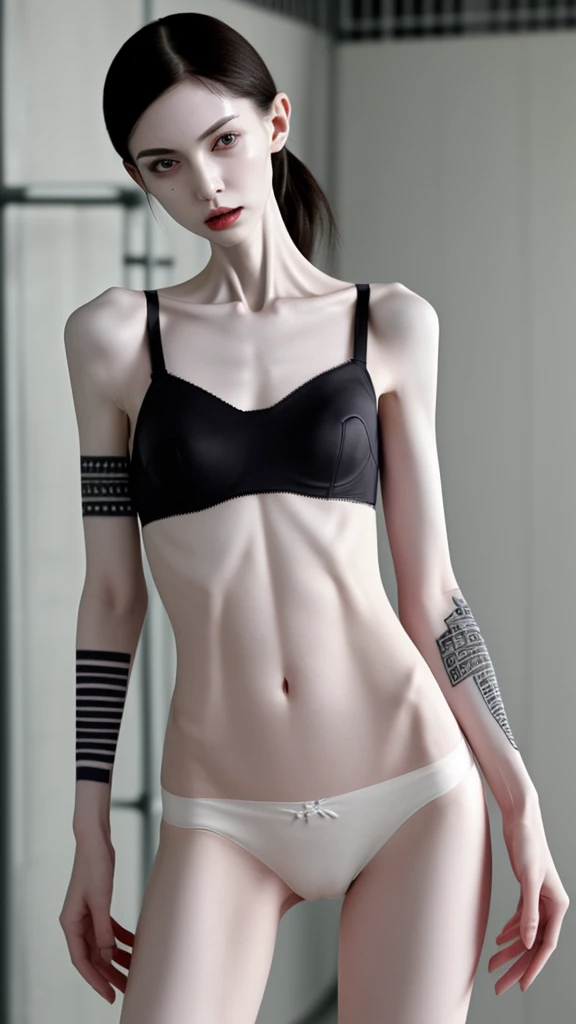 a woman, very thin body, body visible bones, very slender , sweaty weat body, pale white skin, panties, bra,tatto, standing in a prison setting