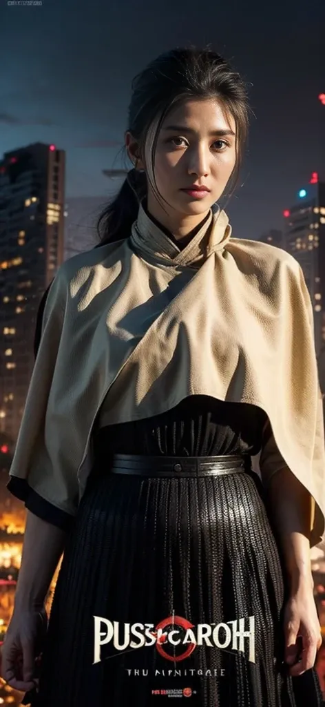 (In the Dark: 1), (Highest quality), (reality: 1), Movie Posters, Realistic skin texture, Very detailed, 8k wallpaper, Volumetric lighting, Dynamic Lighting, With a girl, Long black ponytail hair, Black Robe　Small breasts, Red Belt, small amount of armor, ...