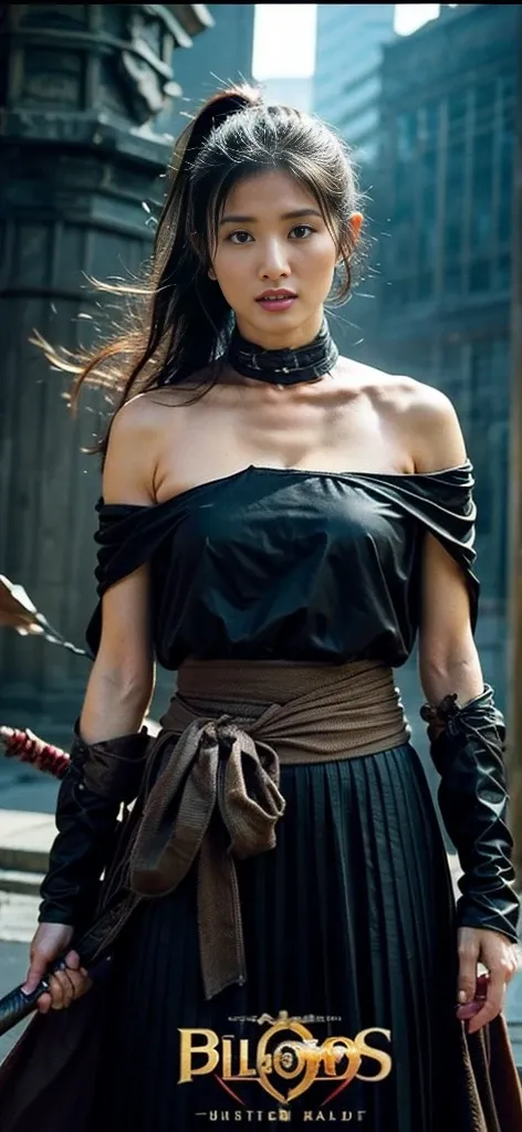 (In the Dark: 1), (Highest quality), (reality: 1), Movie Posters, Realistic skin texture, Very detailed, 8k wallpaper, Volumetric lighting, Dynamic Lighting, With a girl, Long black ponytail hair, Black Robe　Small breasts, Red Belt, small amount of armor, ...