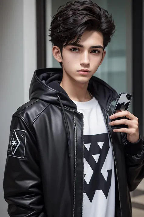 20-year-old male , gamer jacket ,com o nome Laxus estampado na jaqueta e o símbolo✡️ , holding iphone 