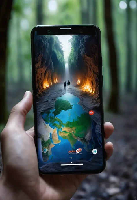 Its very realistic, with a smartphone in your hand and a google map displayed on the smartphone screen, There is a scary space filled with a very frightening atmospherein the depths of the image, The outline of the world appears blurry, outdoor