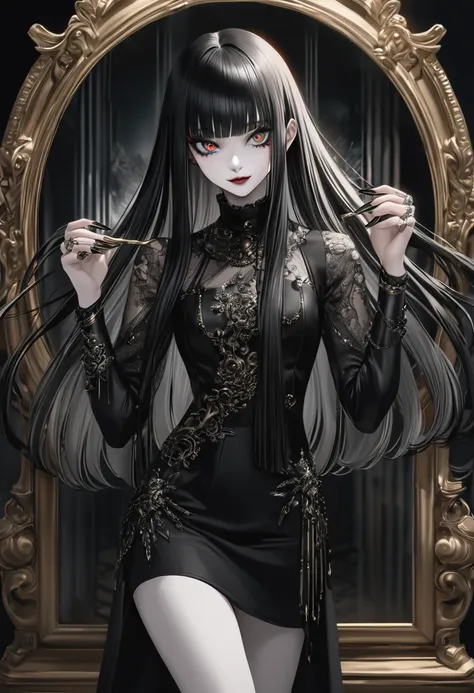 a very cute goth anime girl with gold long straight hair and bangs, wearing rings on her fingers, pale skin, sharp eyes, dark ma...